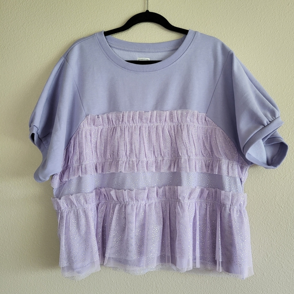Maeve Anthropologie Purple Tulle Shimmer Puffed Sleeve Tee sz L - Picture 2 of 5